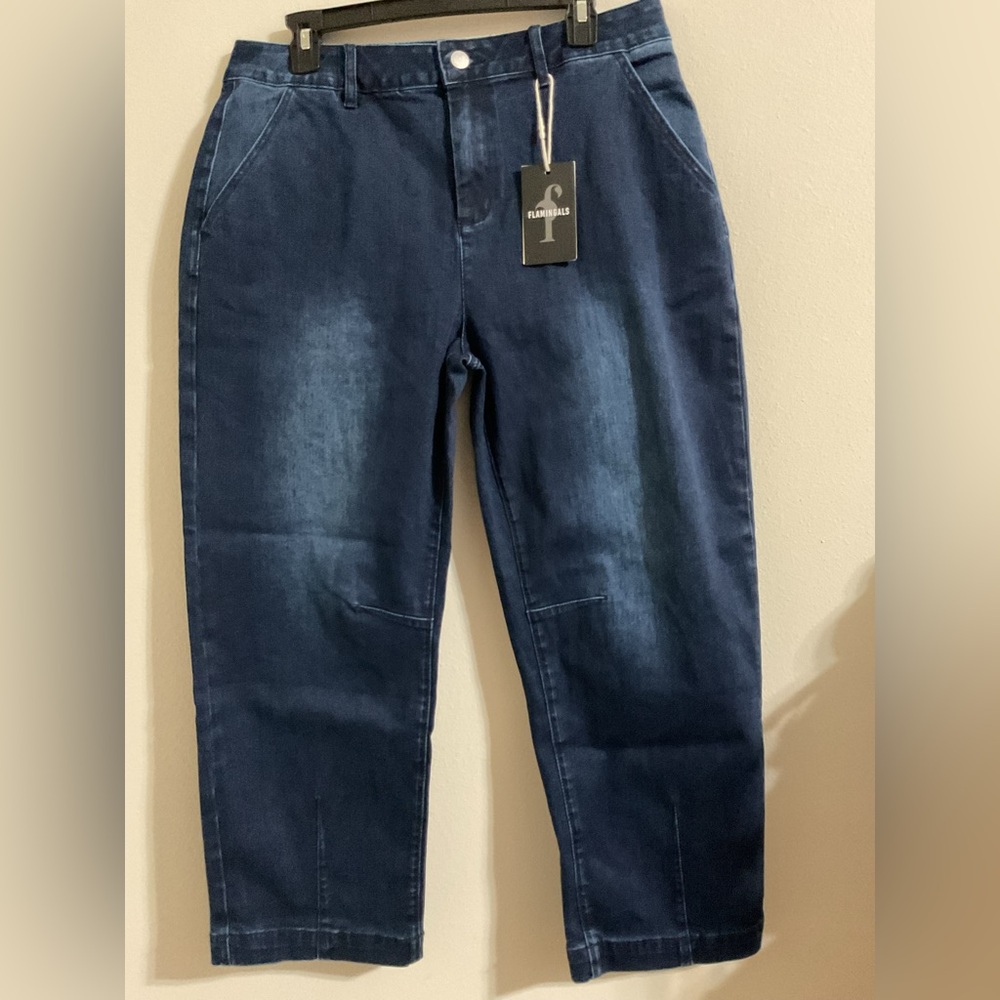 NWT-Flamingals Wash Stitch Detail Mid-Rise Barrel Leg Stretch Jeans, Sz XL